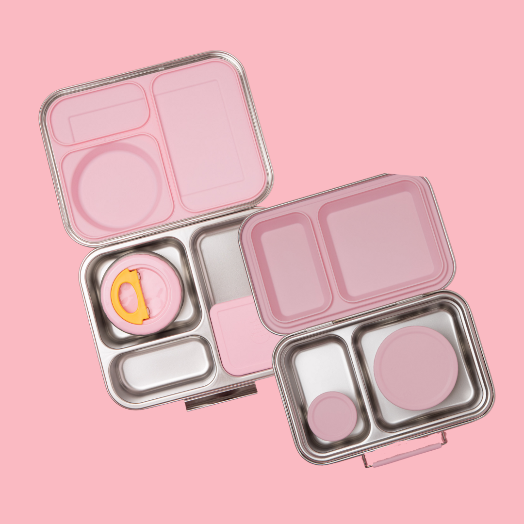 stainless steel lunch box with insulated food jar and snack pot plus two compartment stainless steel lunch box with snck pots, removaable silicone seal in light pink 
