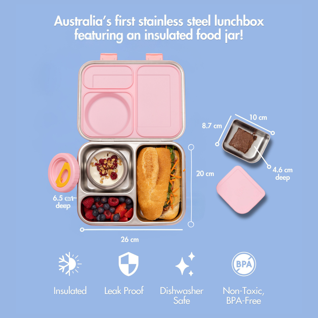 hot n cold hero box stainless steel lunch box with pink silicone seal on lid and snack container with 250ml insulated food jar with pink lid - dimensions