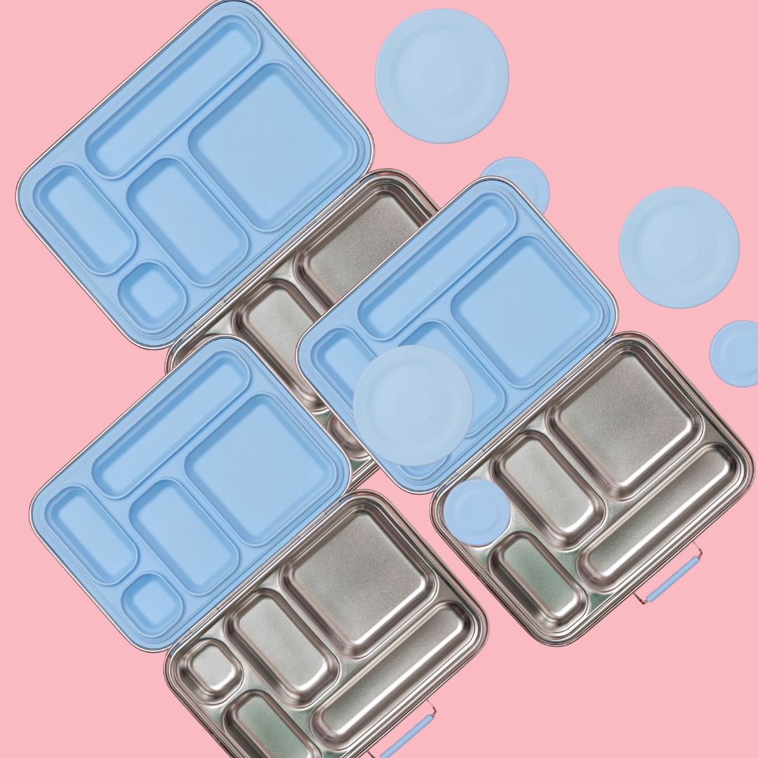 triple bundle deal of stainless steel lunch boxes with five leak proof compartments and removaable silicone seal on lid in light blue, mint, light pink or indigo 