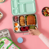 five compartmnet stainless steel lunchbox with mint removaable silicone seal on lid