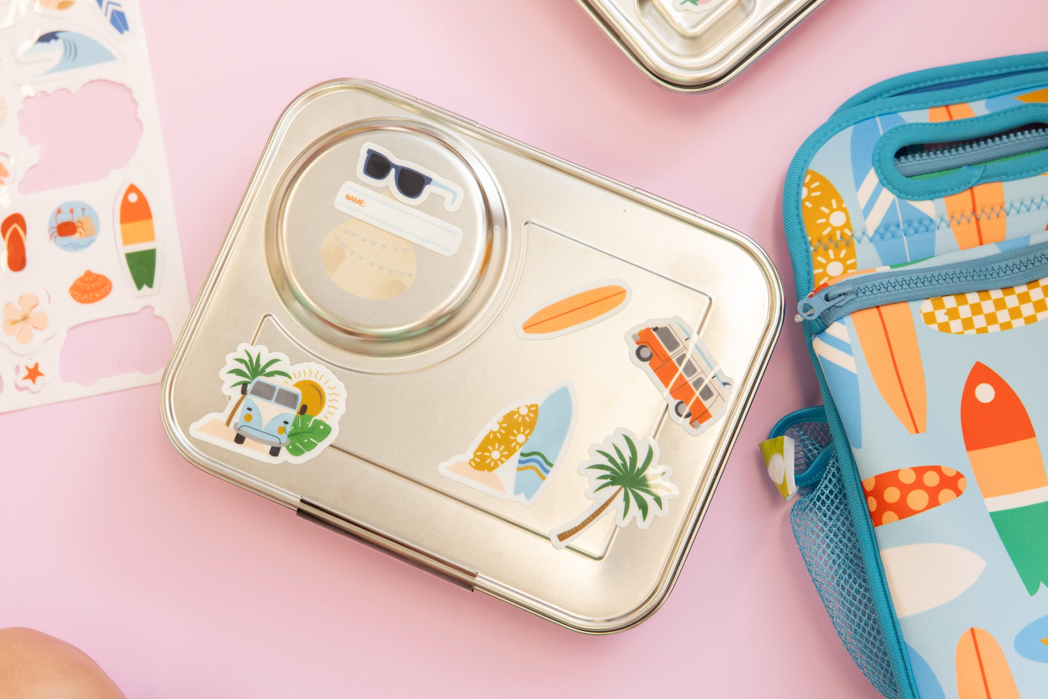 reusable lunch box stickers surfs up design