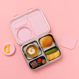 hot n cold hero box stainless steel lunch box with pink silicone seal on lid and snack container with 250ml insulated food jar with pink lid - full of food from above soup and snacks