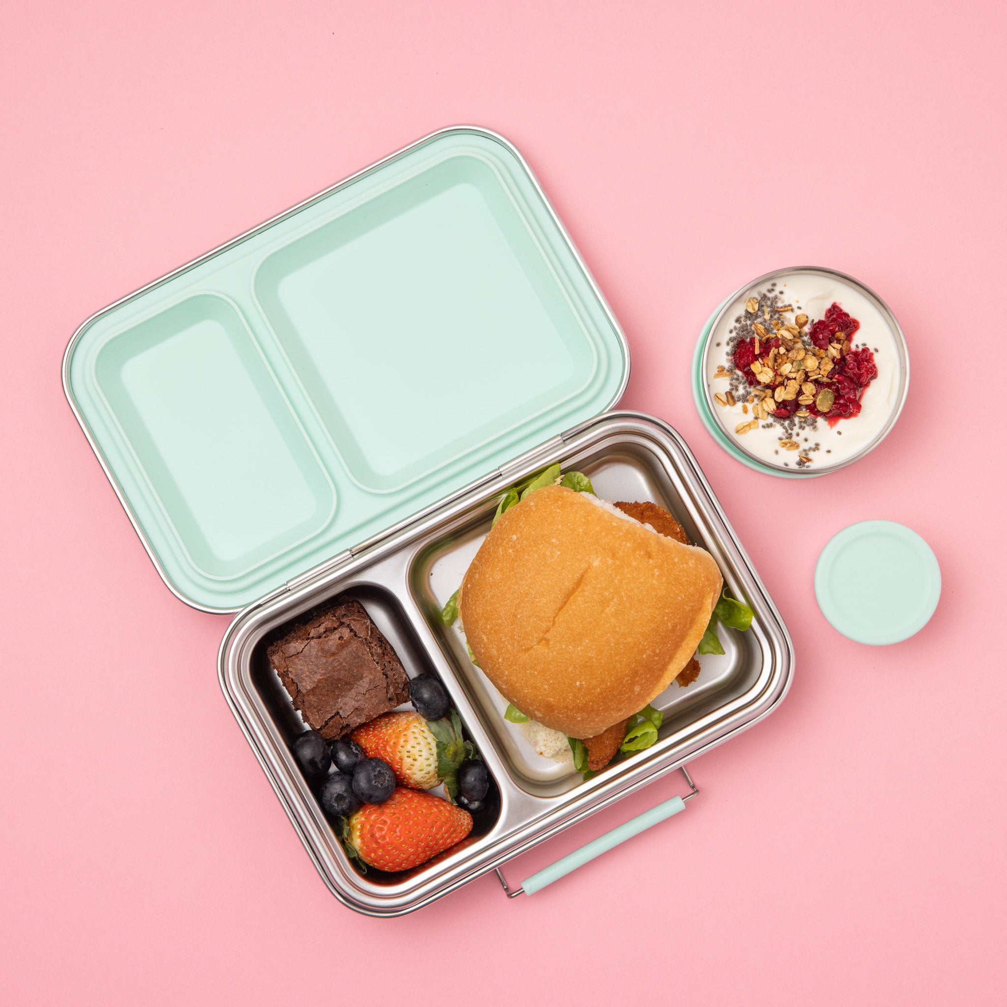two compartmnet stainess steel lunch box with removable mint silicone seal and two matching snack pots with silicone lids