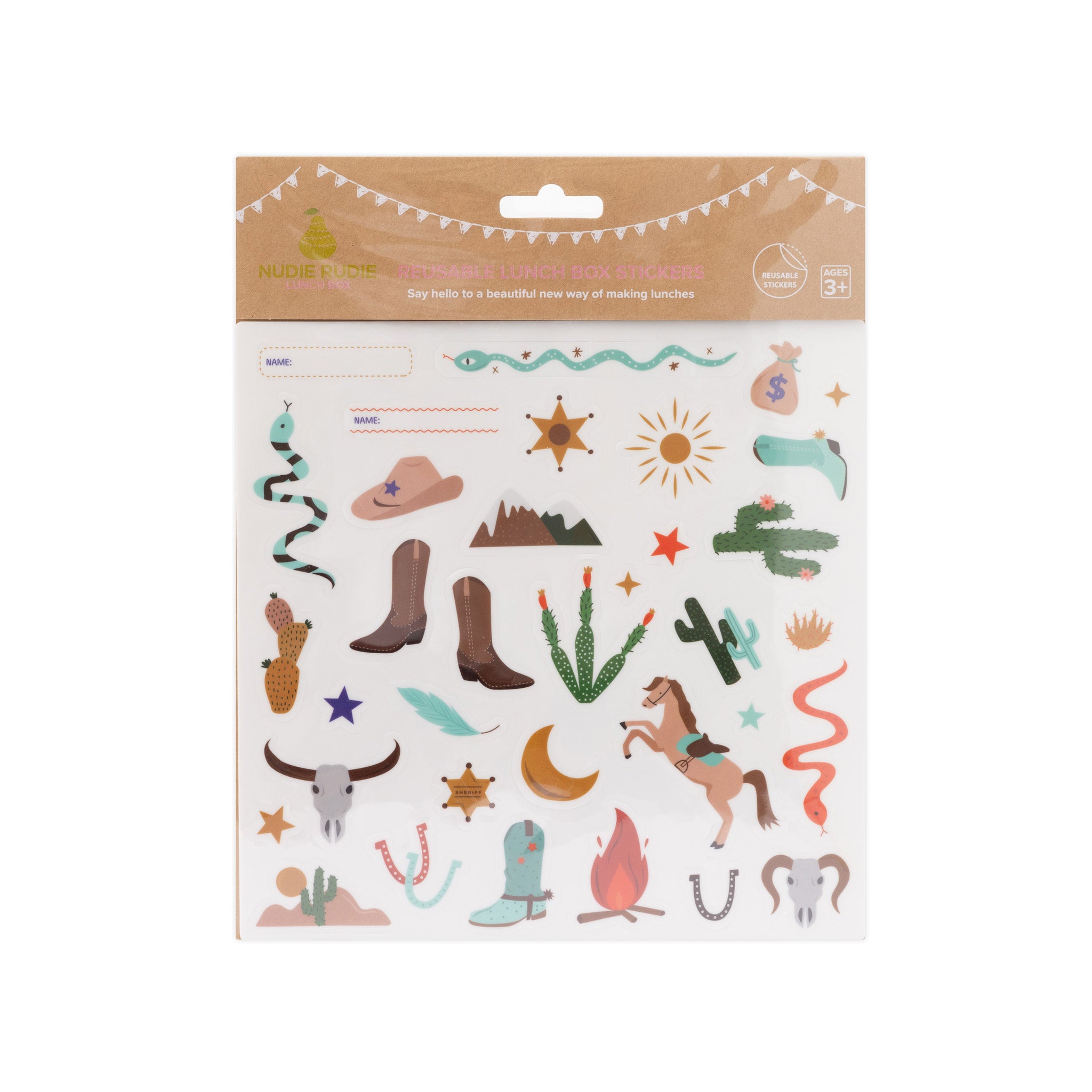 wild west inspired reusable lunch box stickers featuring cow boy boots, sherif hats, wild mountains, cactus, rattle snakes and loot.