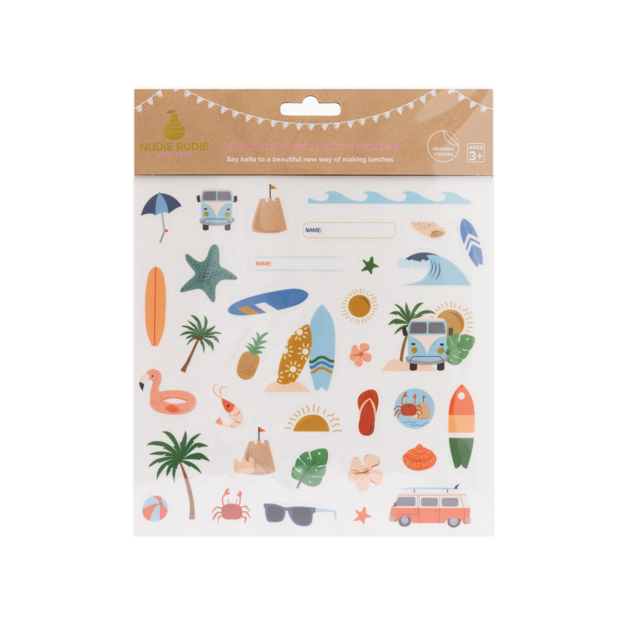 reusable lunch box stickers featuring surfboards, combi vans, waves and beach inspired stickers