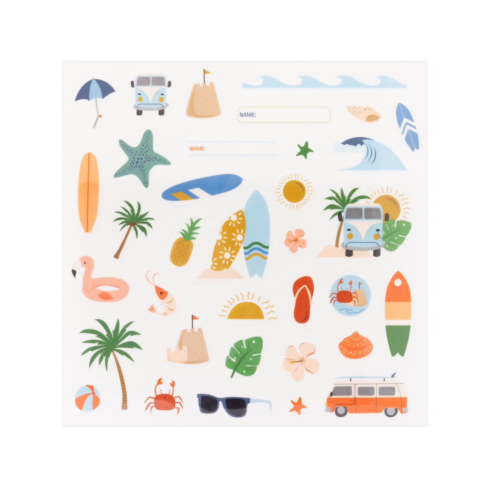 reusable lunch box stickers featuring surfboards, combi vans, waves and beach inspired stickers