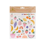 reusable fruit stickers for the lunchbox. fun scandi inspired designs featuring watermelon, strawberries, pears, apples grapes and bananas