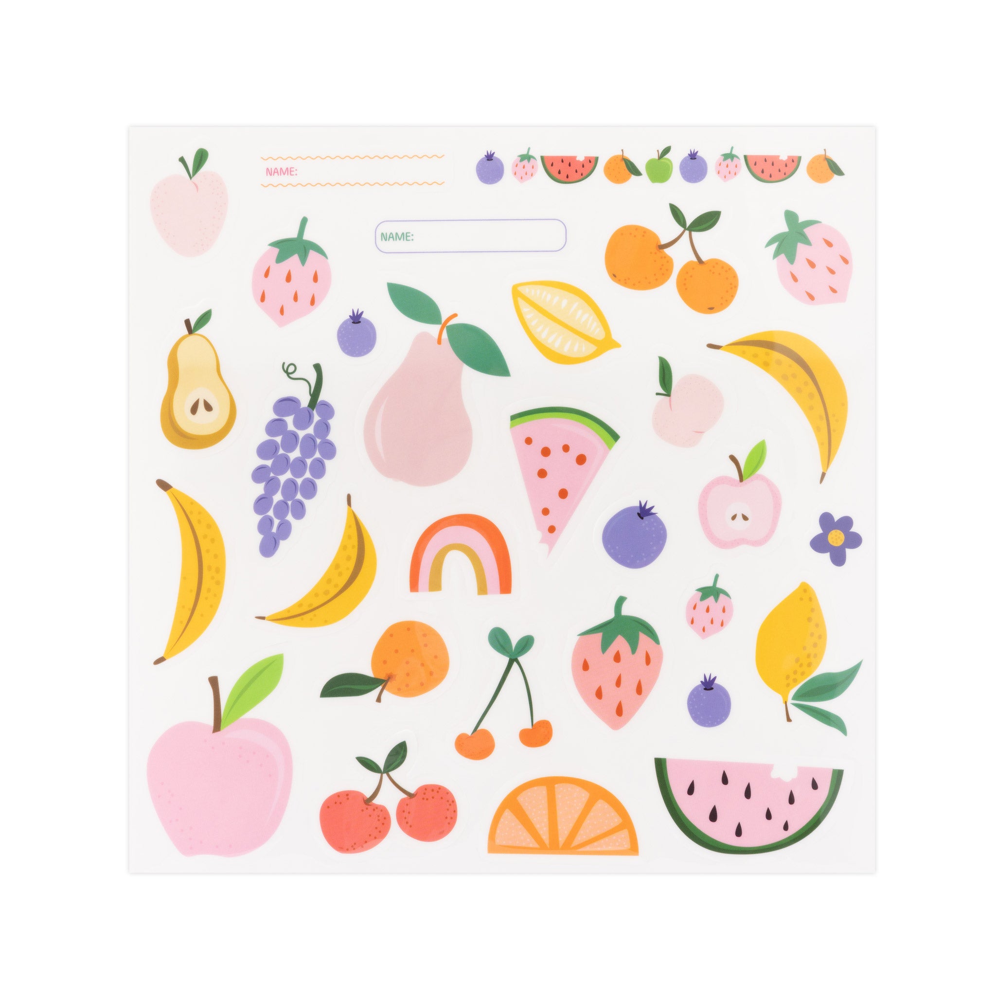 reusable fruit stickers for the lunchbox. fun scandi inspired designs featuring watermelon, strawberries, pears, apples grapes and bananas