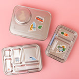 reusable lunch box stickers featuring surfboards, combi vans, waves and beach inspired stickers on our stainless steel lunch box