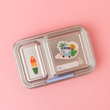 reusable lunch box stickers featuring surfboards, combi vans, waves and beach inspired stickers on our stainless steel lunch box