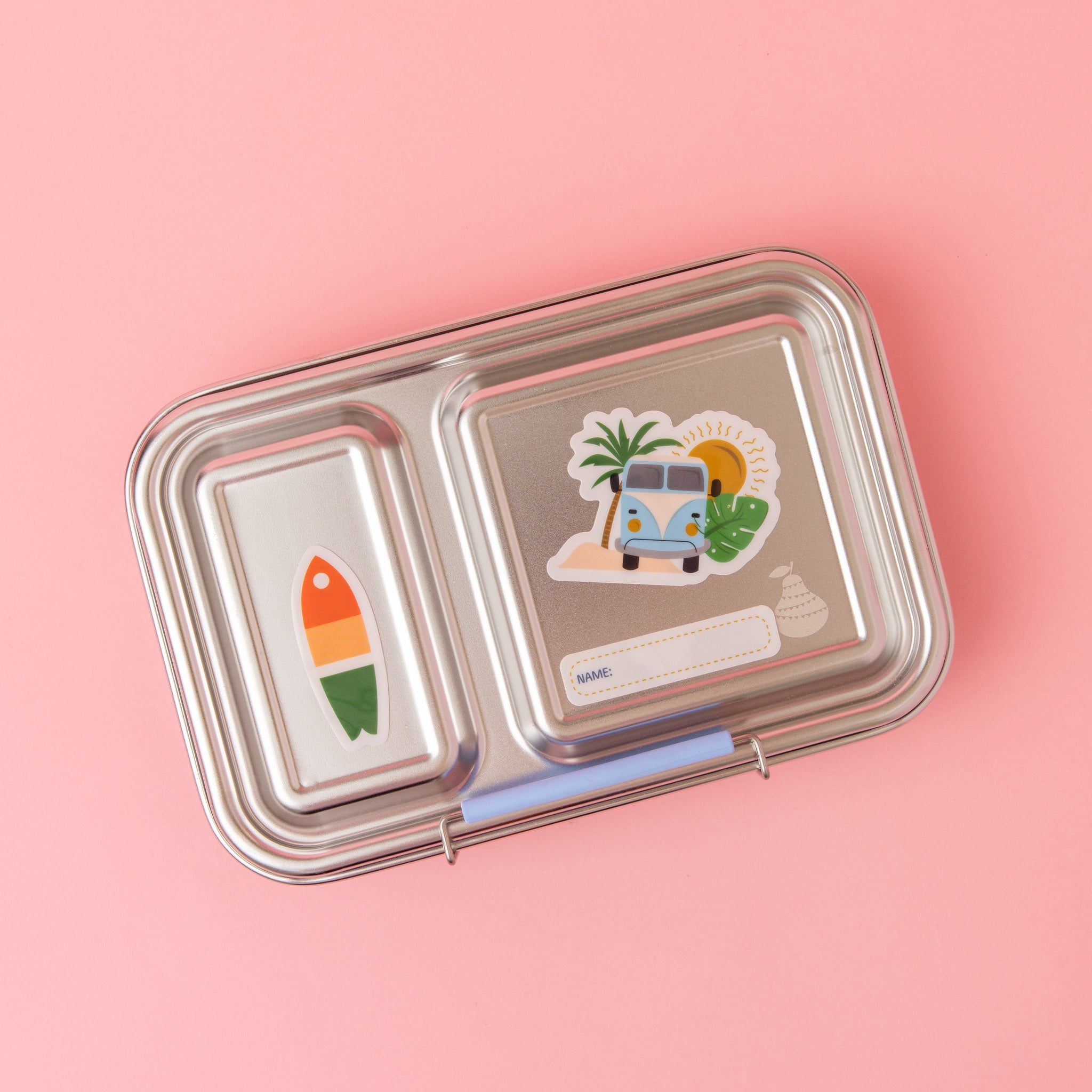 reusable lunch box stickers featuring surfboards, combi vans, waves and beach inspired stickers on our stainless steel lunch box